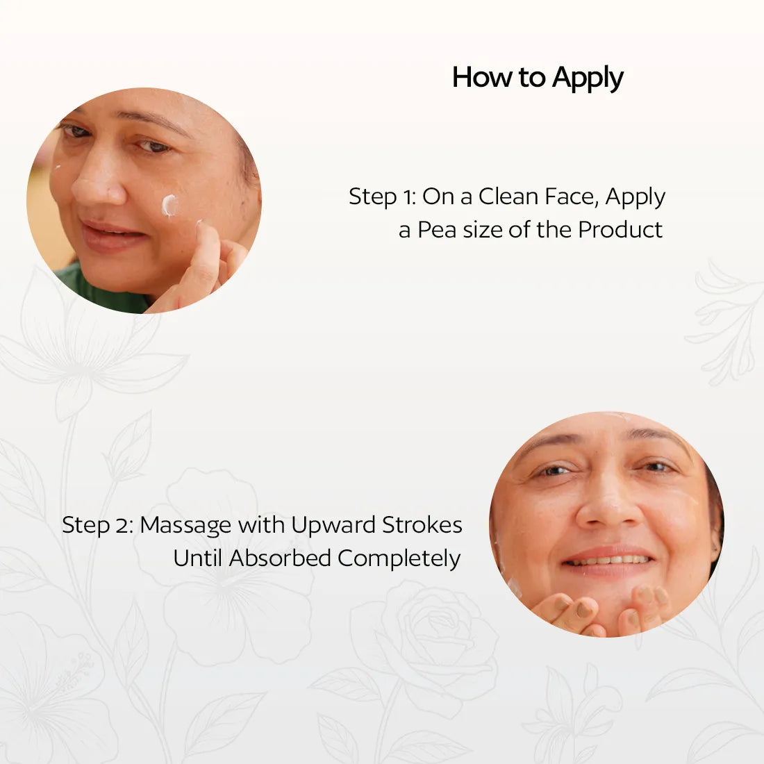 Instructions on applying a skincare product with close-up images of a person's face.